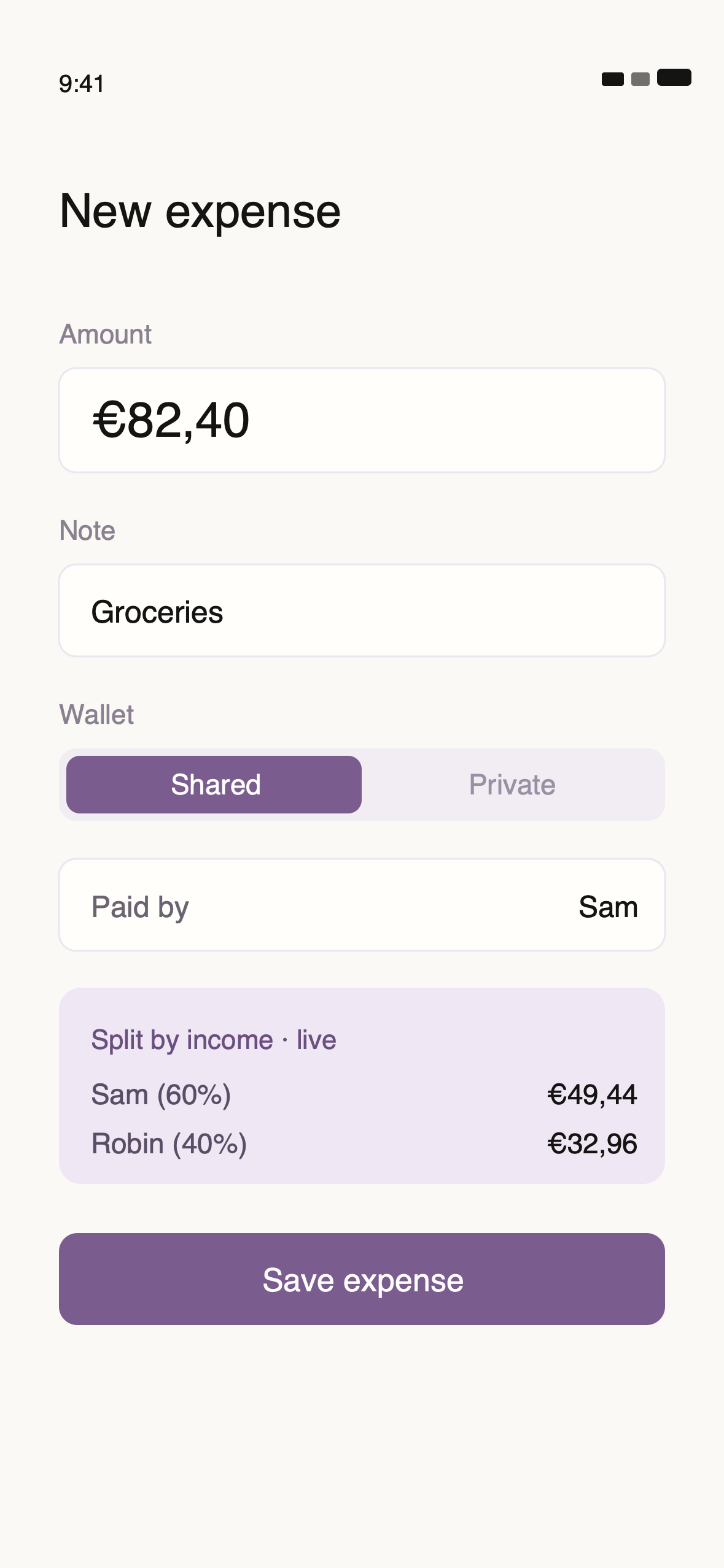 Logging an expense with the shared and private toggle