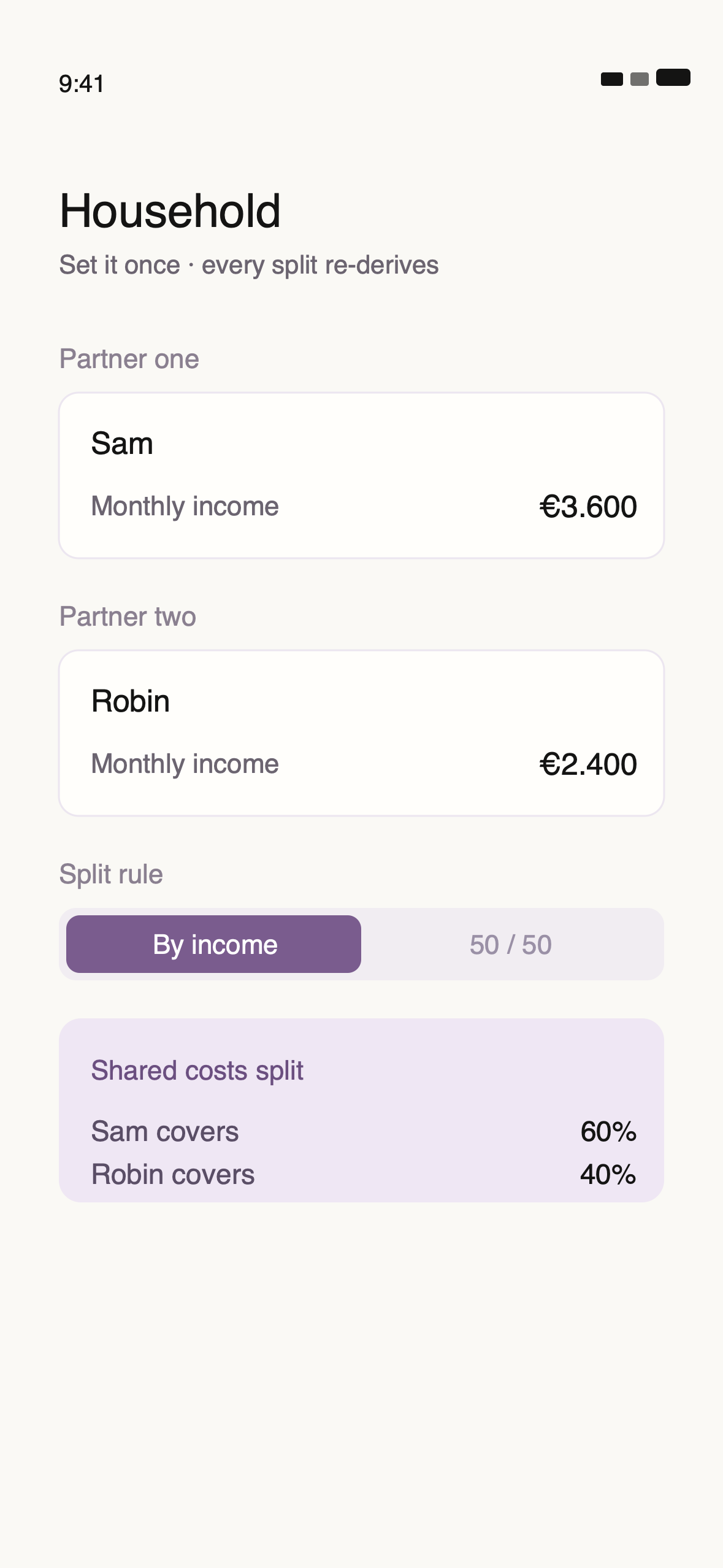 The household settings with names, incomes and the split rule