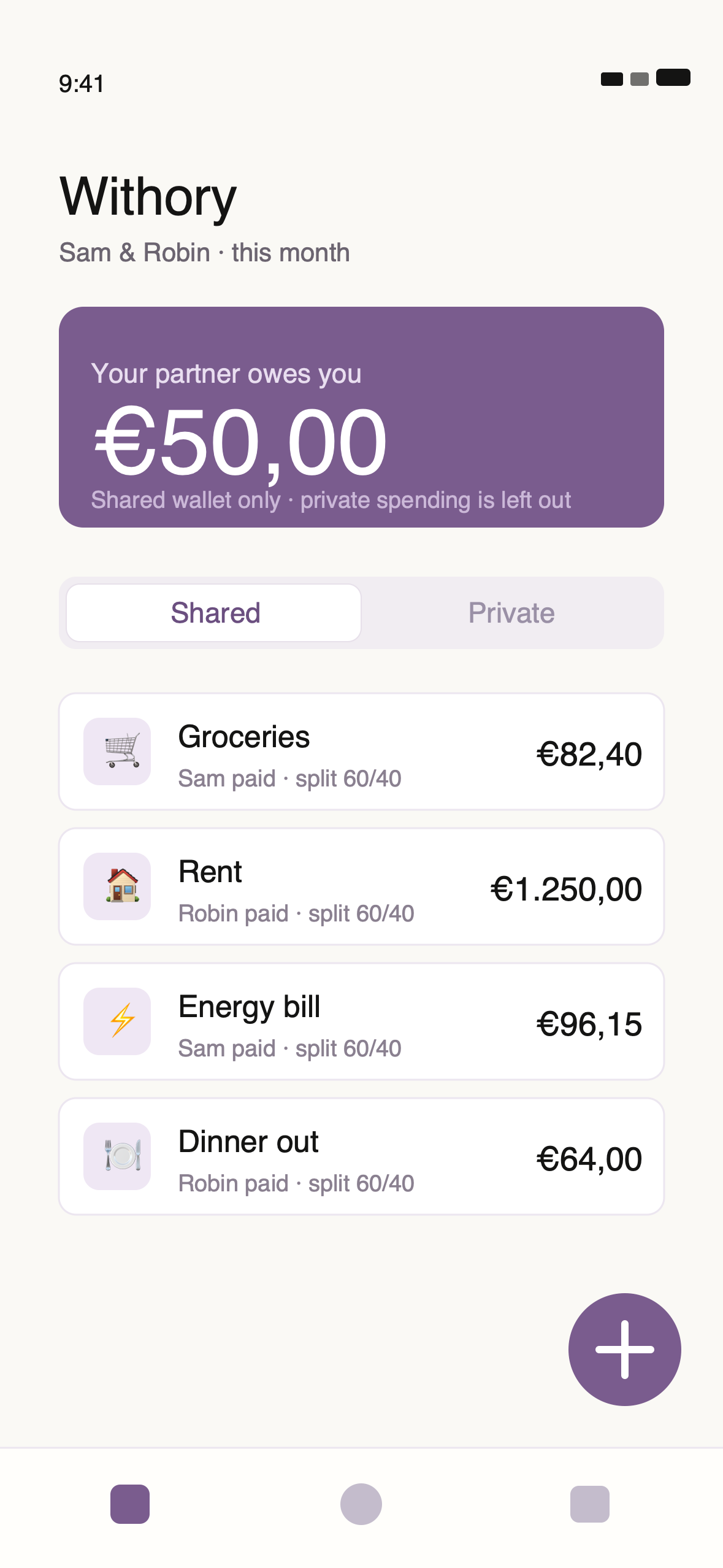 Withory on iPhone, showing the settle-up balance and the shared/private wallet switch